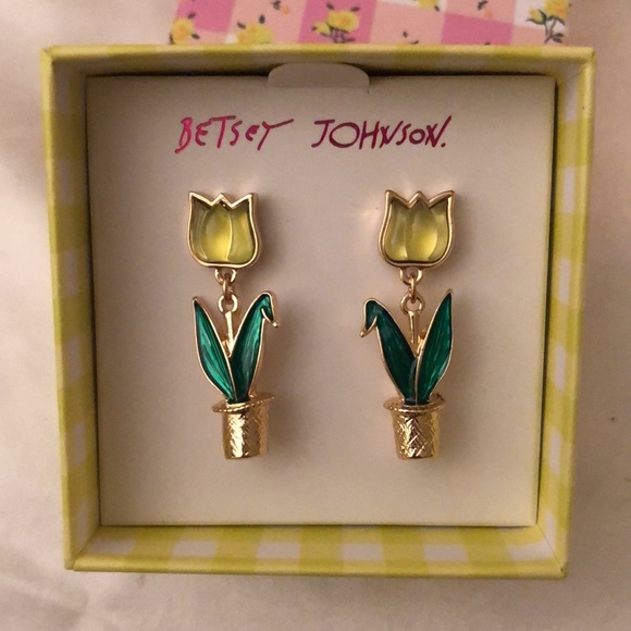 Betsey Johnson Gold Tone Yellow Resin Tulip Drop Earrings NIB - Picture 7 of 10